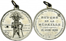 BELGIQUE, Etain médaille, 1858, Félicien Rops. Médaille satirique des proscrits français réfugiés en Belgique. D/ MEDAILLE DE WATERLOO Cambronne deb. ...
