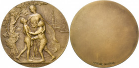 CONGO BELGE, AE médaille, 1908, G. Devreese. Cession de l''Etat Indépendant du Congo à la Belgique. D/ Au bord de l''Escaut, sous un arbre auquel sont...