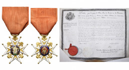 FRANCE, Ordre de Saint-Louis, croix de chevalier en or (37 mm), modèle de la Restauration avec anneau cannelé et poinçon tête de coq sur un lis, ruban...