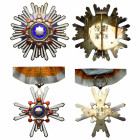 JAPON, Ordre du Trésor sacré, ensemble de 1e classe en vermeil (plaque, bijou et écharpe), 1er modèle, inchangé de 1888 à 2002, dans son écrin laqué a...
