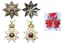 NORVEGE, Ordre d''Olav, ensemble de grand-croix à titre civil, bijou en or du modèle 1906-1937 avec lion au-dessus de la couronne, plaque en argent re...