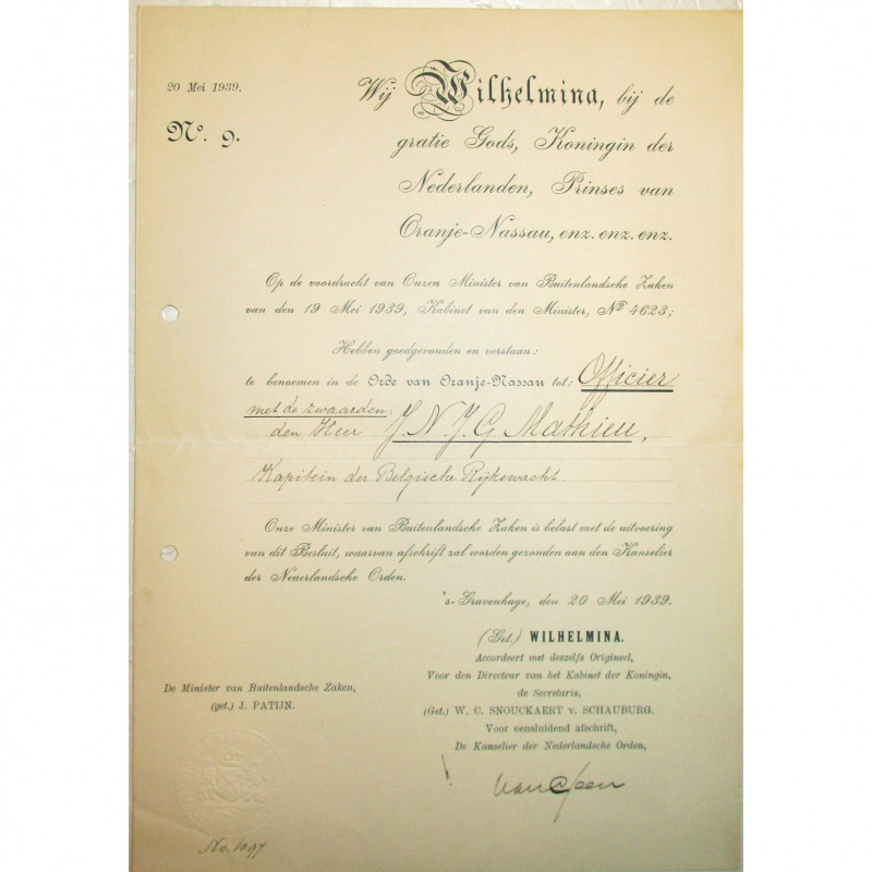 PAYS-BAS, Ordre d’Orange-Nassau, brevet d’officier avec glaives attribué au capi...