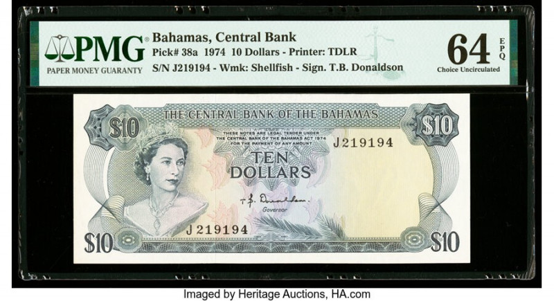 Bahamas Central Bank 10 Dollars 1974 Pick 38a PMG Choice Uncirculated 64 EPQ. 

...