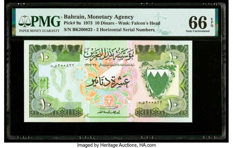 Bahrain Monetary Agency 10 Dinars 1973 Pick 9a PMG Gem Uncirculated 66 EPQ. 

HI...