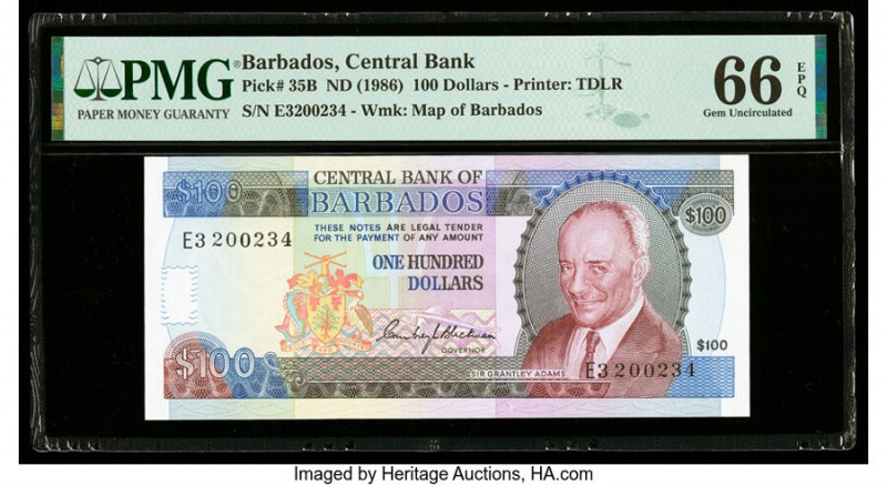 Barbados Central Bank 100 Dollars ND (1986) Pick 35B PMG Gem Uncirculated 66 EPQ...