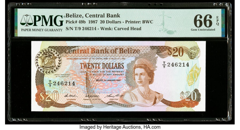 Belize Central Bank 20 Dollars 1.1.1987 Pick 49b PMG Gem Uncirculated 66 EPQ. 

...