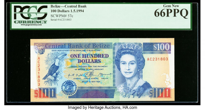 Belize Central Bank 100 Dollars 1.5.1994 Pick 57c PCGS Gem New 66PPQ. 

HID09801...