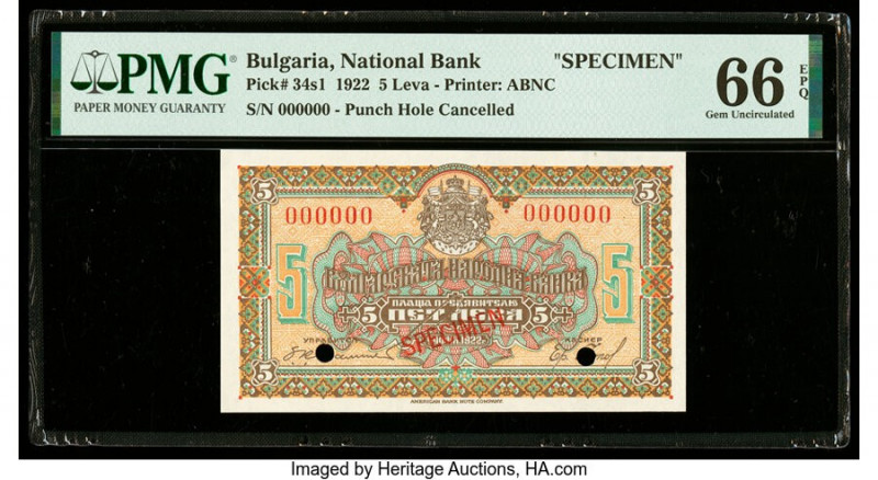 Bulgaria Bulgaria National Bank 5 Leva 1922 Pick 34s1 Specimen PMG Gem Uncircula...