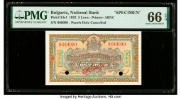 Bulgaria Bulgaria National Bank 5 Leva 1922 Pick 34s1 Specimen PMG Gem Uncirculated 66 EPQ. Red Specimen overprints and two POCs present.

HID09801242...