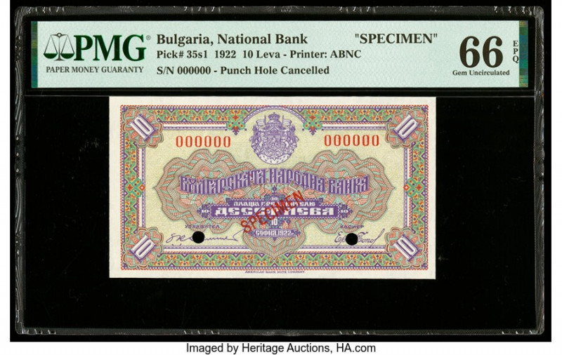 Bulgaria Bulgaria National Bank 10 Leva 1922 Pick 35s1 Specimen PMG Gem Uncircul...