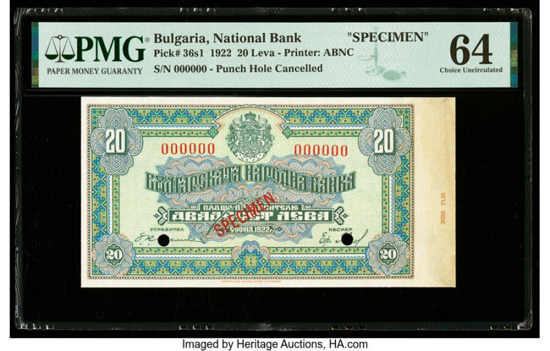 Bulgaria Bulgaria National Bank 20 Leva 1922 Pick 36s1 Specimen PMG Choice Uncir...