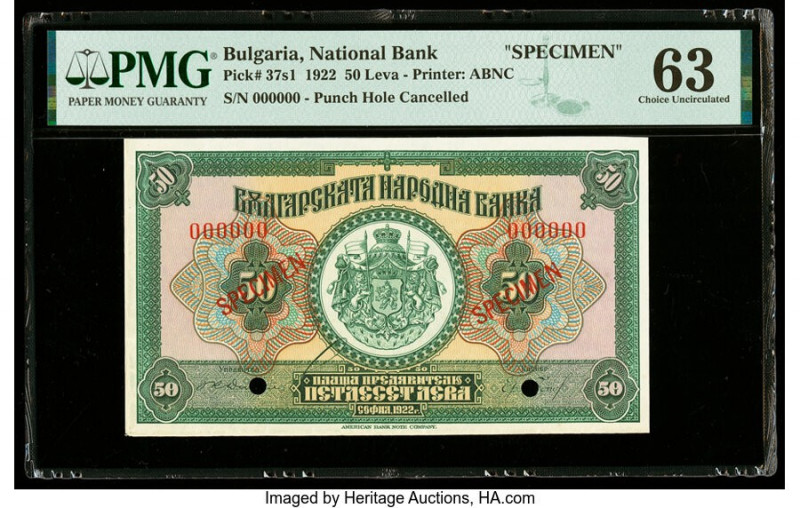 Bulgaria Bulgaria National Bank 50 Leva 1922 Pick 37s1 Specimen PMG Choice Uncir...