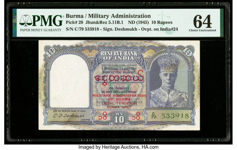 Burma Military Administration 10 Rupees ND (1945) Pick 28 Jhun5.11B.1 PMG Choice...