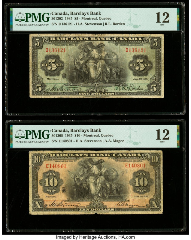 Canada Montreal, PQ- Barclays Bank $5; 10 2.1.1935 Ch.# 30-12-02; 30-12-08 Two E...