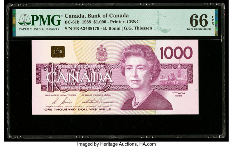 Canada Bank of Canada $1000 1988 Pick 100b BC-61b PMG Gem Uncirculated 66 EPQ. 
...