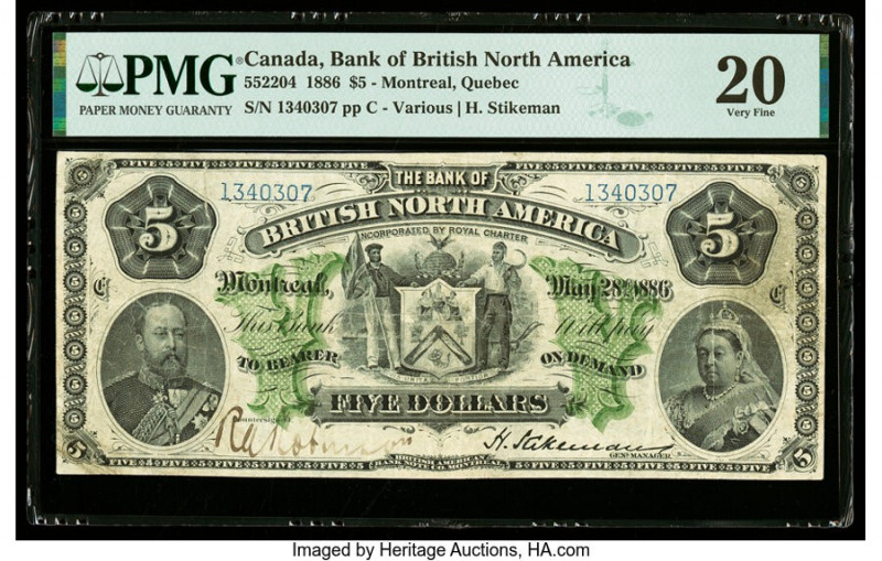 Canada Montreal, PQ- Bank of British North America $5 28.5.1886 Ch.# 55-22-04 PM...