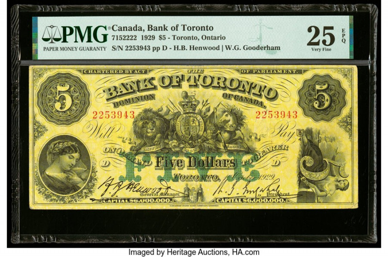 Canada Toronto, ON- Bank of Toronto $5 1.10.1929 Ch.# 715-22-22 PMG Very Fine 25...