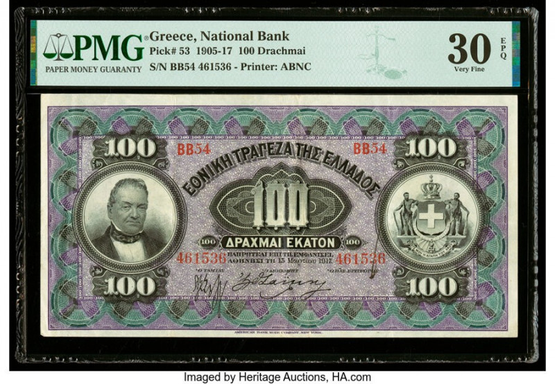Greece National Bank of Greece 100 Drachmai 1917 Pick 53 PMG Very Fine 30 EPQ. 
...