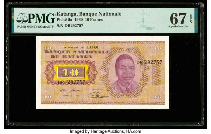 Katanga Banque Nationale du Katanga 10 Francs 1.12.1960 Pick 5a PMG Superb Gem U...