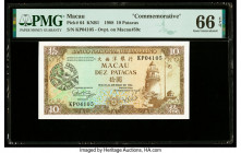 Macau Banco Nacional Ultramarino 10 Patacas 1988 Pick 64 KNB1 Commemorative with Holder PMG Gem Uncirculated 66 EPQ. 

HID09801242017

© 2020 Heritage...