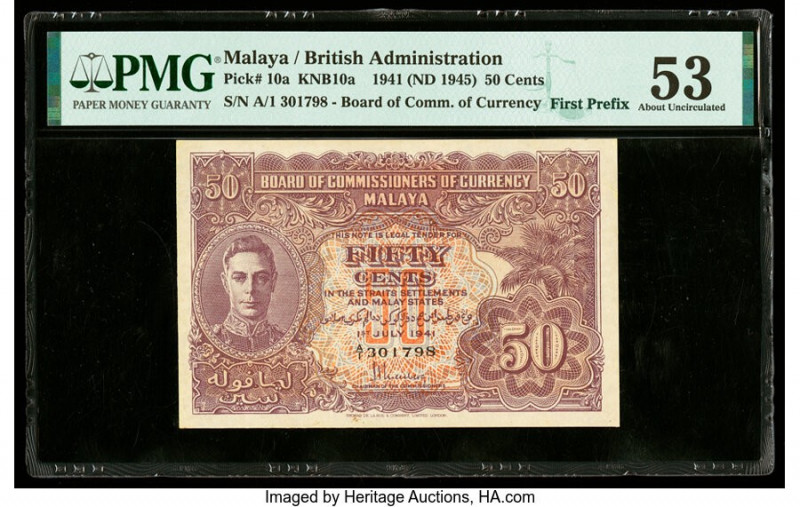 First prefix A/1 Malaya Board of Commissioners of Currency 50 Cents 1941 (ND 194...