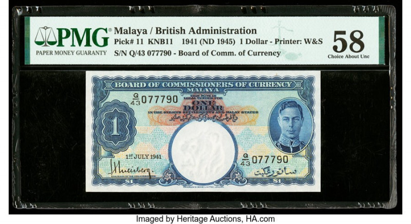 Malaya Board of Commissioners of Currency 1 Dollar 1941 (ND 1945) Pick 11 KNB11 ...