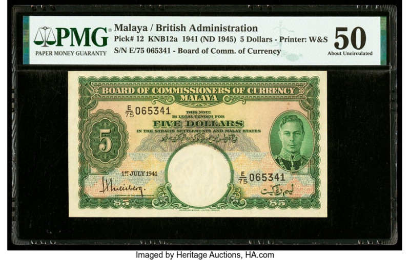 Malaya Board of Commissioners of Currency 5 Dollars 1.7.1941 (ND 1945) Pick 12 K...