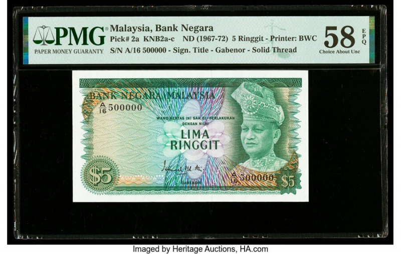 Serial 500000 Malaysia Bank Negara 5 Ringgit ND (1967-72) Pick 2a KNB2a-c PMG Ch...