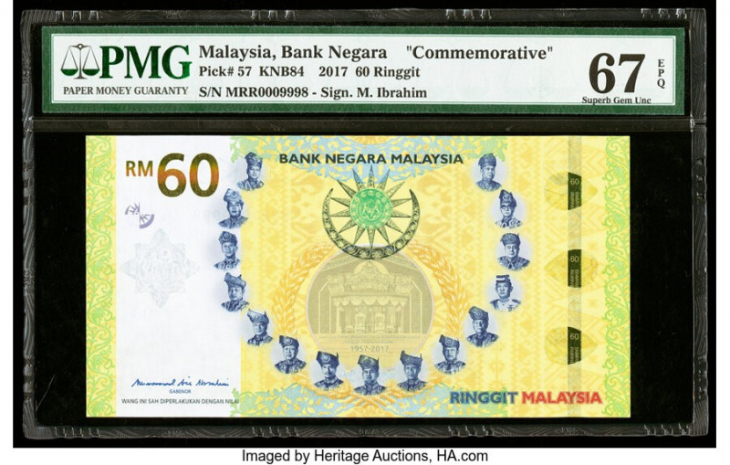 Malaysia Bank Negara 60 Ringgit 2017 Pick 57 Commemorative PMG Superb Gem Unc 67...