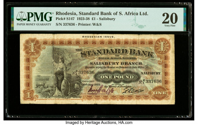 Rhodesia Standard Bank of South Africa 1 Pound 30.6.1923 Pick S147 PMG Very Fine...