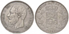 ESTERE - BELGIO - Leopoldo II (1865-1909) - 5 Franchi 1869 Kr. 24 AG
BB/BB+