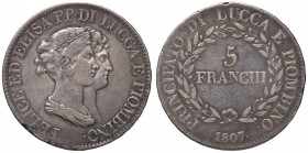 ZECCHE ITALIANE - LUCCA - Elisa Bonaparte e Felice Baciocchi (1805-1814) - 5 Franchi 1807 Pag. 253; Mont. 437 R AG
MB-BB