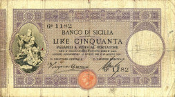 CARTAMONETA - SICILIA - Banco di Sicilia - Biglietti al portatore (1866-1867) - 50 Lire 27/04/1897 Gav. 264 RRRR Vergara/Craco/Mallo
qMB

Vergara/C...