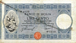 CARTAMONETA - SICILIA - Banco di Sicilia - Biglietti al portatore (1866-1867) - 100 Lire 22/06/1915 Gav. 287 Riccio/Barresi Lungo strappo ricomposto c...