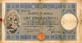 CARTAMONETA - SICILIA - Banco di Sicilia - Biglietti al portatore (1866-1867) - 500 Lire 18/12/1901 Gav. 296 RRRR Vergara/Craco/Mallo
B

Vergara/Cr...
