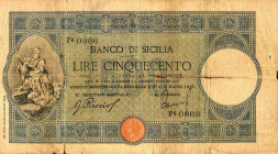 CARTAMONETA - SICILIA - Banco di Sicilia - Biglietti al portatore (1866-1867) - 500 Lire 22/03/1918 Gav. 302 RRR Riccio/Barresi
B

Riccio/Barresi -
