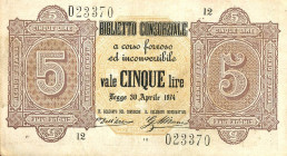 CARTAMONETA - CONSORZIALI - Biglietti Consorziali - 5 Lire 30/04/1874 Gav. 4 Dell'Ara/Mirone
BB-SPL

Dell'Ara/Mirone -