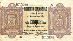 CARTAMONETA - CONSORZIALI - Biglietti Consorziali - 5 Lire 30/04/1874 Gav. 4 Dell'Ara/Mirone
BB+

Dell'Ara/Mirone -