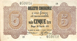CARTAMONETA - CONSORZIALI - Biglietti Consorziali - 5 Lire 30/04/1874 Gav. 4 Dell'Ara/Mirone Taglietto in alto
BB+

Dell'Ara/Mirone - Taglietto in ...