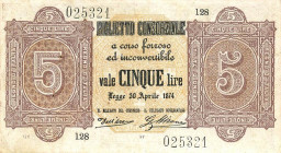 CARTAMONETA - CONSORZIALI - Biglietti Consorziali - 5 Lire 30/04/1874 Gav. 4 Dell'Ara/Mirone Due forellini da spillo
BB+

Dell'Ara/Mirone - Due for...