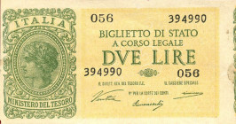 CARTAMONETA - BIGLIETTI DI STATO - Luogotenenza (1944-1946) - 2 Lire 23/11/1944 Alfa 42; Lireuro 9A Ventura/Simoneschi/Giovinco Taglio spostato a s.
...