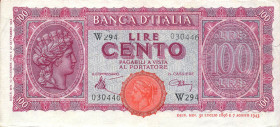 CARTAMONETA - BANCA d'ITALIA - Luogotenenza (1944-1946) - 100 Lire - Italia Turrita 10/12/1944 Alfa 5sp; Lireuro 25Ac RR Sostitutiva da W201 a W316
b...