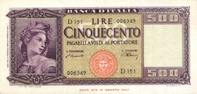 CARTAMONETA - BANCA d'ITALIA - Repubblica Italiana (monetazione in lire) (1946-2001) - 500 Lire - Italia 10/02/1948 Alfa 545; Lireuro 39B R Einaudi/Ur...