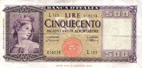 CARTAMONETA - BANCA d'ITALIA - Repubblica Italiana (monetazione in lire) (1946-2001) - 500 Lire - Italia 10/02/1948 Alfa 545; Lireuro 39B R Einaudi/Ur...