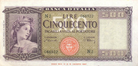 CARTAMONETA - BANCA d'ITALIA - Repubblica Italiana (monetazione in lire) (1946-2001) - 500 Lire - Italia 20/03/1947 Alfa 544; Lireuro 39A Einaudi/Urbi...