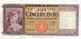CARTAMONETA - BANCA d'ITALIA - Repubblica Italiana (monetazione in lire) (1946-2001) - 500 Lire - Italia 23/03/1961 Alfa 546; Lireuro 39C RR Carli/Rip...