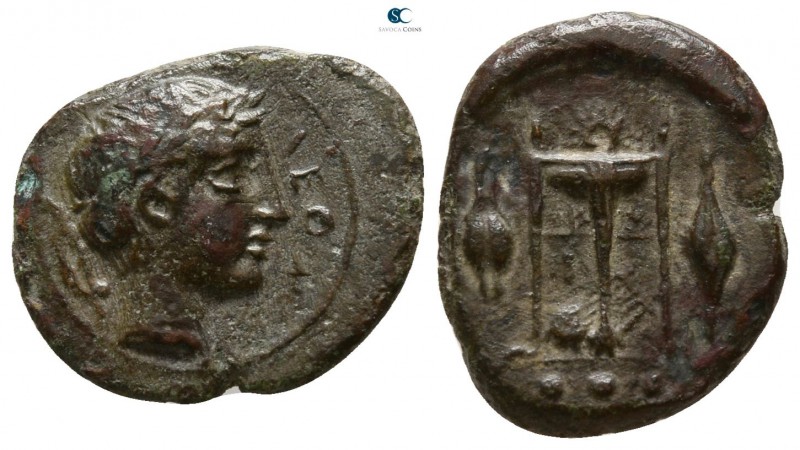 Sicily. Leontinoi circa 405-402 BC.
Tetras Æ

14mm., 1,75g.

ΛΕΟΝ, laureate...
