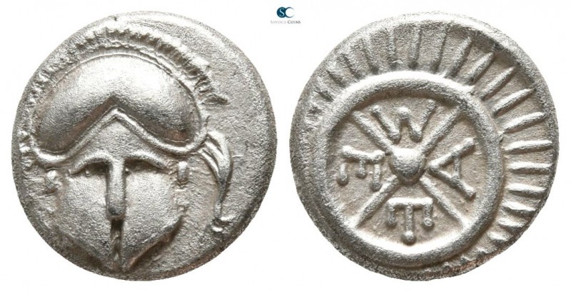 Thrace. Mesembria circa 400-300 BC.
Diobol AR

9mm., 1,23g.

Helmet facing ...