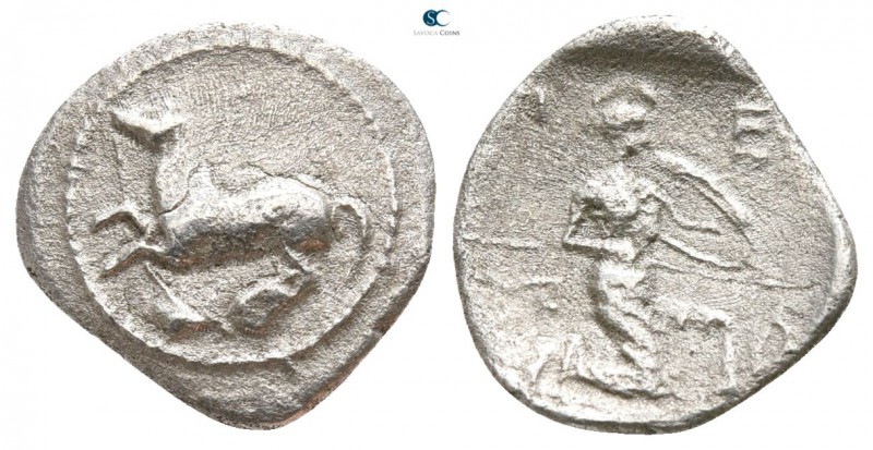 Thessaly. Perrhaebi 450-400 BC.
Obol AR

11mm., 0,71g.

Bridled horse reari...