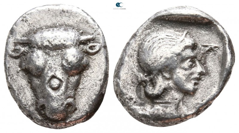 Phokis. Federal Coinage 478-460 BC.
Triobol AR

11mm., 2,77g.

Head of bull...